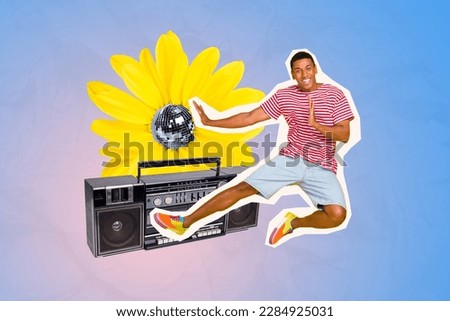 Collage 3d image of pinup pop retro sketch of funky guy enjoying spring music boom box isolated painting background