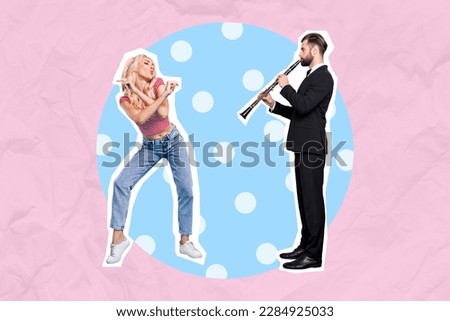 Exclusive magazine picture sketch collage image of happy lady enjoying flute classic music isolated painting background