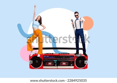 Photo collage artwork minimal picture of carefree funky lady having fun listening boom box isolated drawing background