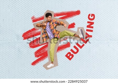 Creative collage image of annoyed angry guy fight leg kick bellying word letters isolated on drawing background