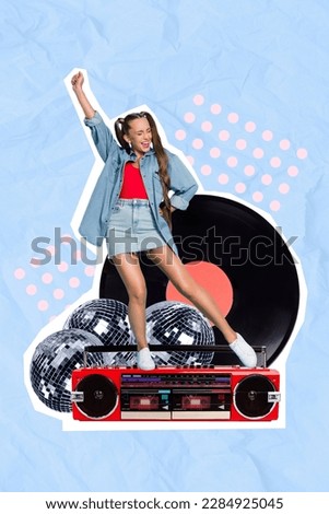 Vertical photo collage of young carefree dancing overjoyed girl hipster cassette player boombox rhythm disco ball isolated on blue blue background