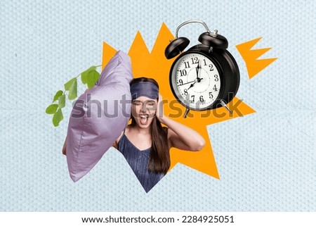 Creative collage picture of angry yelling girl hold pillow cover ear big bell ring alarm clock isolated on creative background