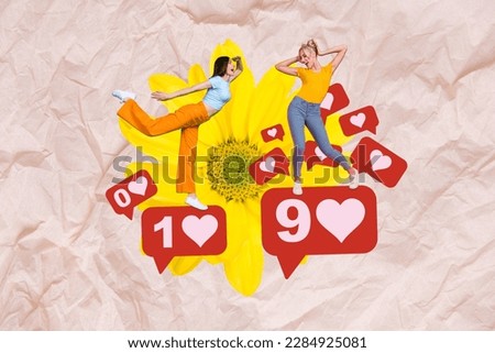 Creative collage picture of two positive funky mini girls dance stand huge like notification    yellow flower