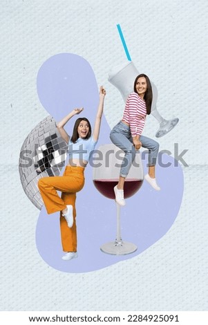 Vertical collage picture of two mini excited girls dancing sit huge wine glass cocktail disco ball isolated on creative background