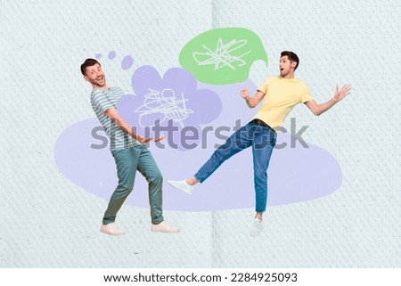 Collage photo picture artwork poster magazine image of two funky guy speaking chatting together isolated on drawing background