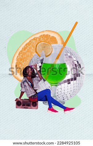 Vertical abstract collage picture of mini positive girl sit boombox huge disco ball half orange fruit cocktail glass isolated on painted background