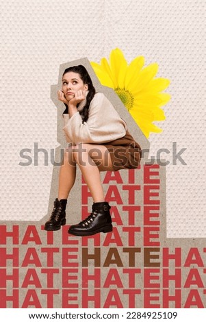 Vertical collage image of unsatisfied disappointed girl receive hate message yellow flower isolated on creative background