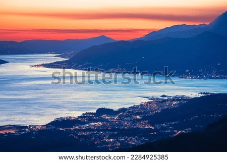 Boka Kotorska and Tivat bay aerial sunset panoramic view, coastline of Montenegro Royalty-Free Stock Photo #2284925385