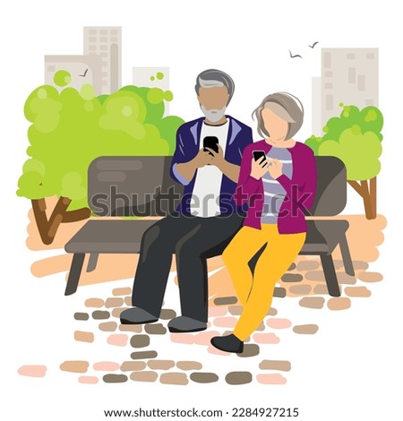 Senior people use gadgets outdoor. Progressive grandparents .Modern old people using internet, mobile phones sitting on bench in park vector illustration in flat style