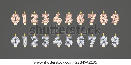 Birthday candles numbers for holiday cake decoration. Outline blue and red candle numbers burning isolated on grey background. Anniversary celebration party decor elements. Flat realistic vector Royalty-Free Stock Photo #2284942195