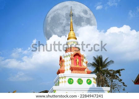 Double Exposure, white pagoda and moon