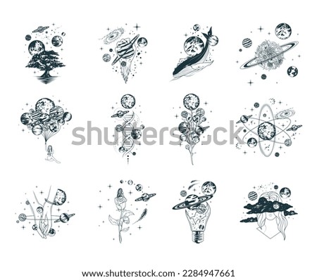 Celestial space compositions isolated set. 12 hand drawn vector illustrations of mystical planets, galaxy, stars, whales and trees for poster, tattoo and greening card. Royalty-Free Stock Photo #2284947661