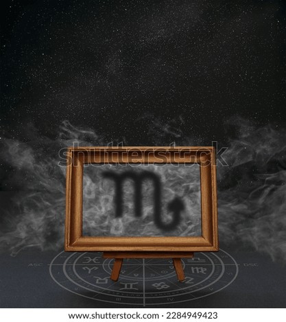 Abstract image of the sign of the zodiac Scorpio against the background of the starry sky and smoke in a frame on a stand