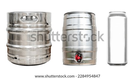 Shiny beer keg large and small size and aluminum slim can isolated on white background with clipping path Royalty-Free Stock Photo #2284954847