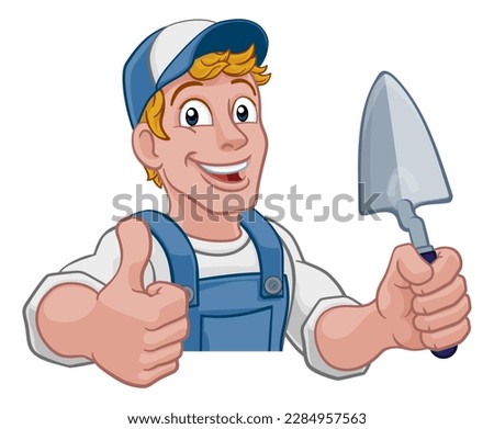 Construction site handyman builder man holding a trowel tool cartoon mascot. Peeking over a sign and giving a thumbs up