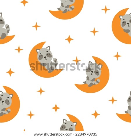 Cute little raccoon sleeping on moon seamless childish pattern. Funny cartoon animal character for fabric, wrapping, textile, wallpaper, apparel. Vector illustration