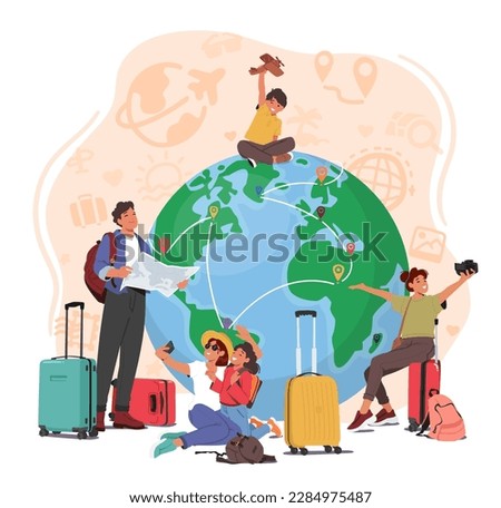 Group Of Travelers Is Depicted Around An Earth Globe with Various Travel Items. Image Promoting Travel Agencies, Tour Operators, Vacation Packages or Trip around the World. Cartoon Vector Illustration Royalty-Free Stock Photo #2284975487