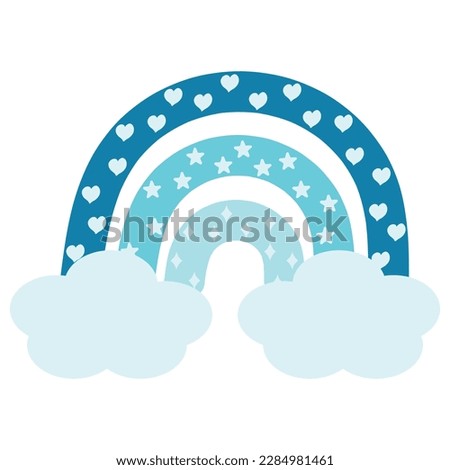 Blue boho rainbow with clouds, stars, hearts and rhombuses. Vector illustration