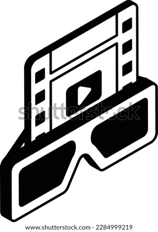 3D movie with glasses isometric Concept Vector outline Icon Design, Filmmaking Symbol, video production equipment Sign, streaming media and film maker Stock illustration