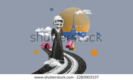 Stylish woman in vintage clothes walking on road with many shopping bags. Big city life, europe. Contemporary art collage. Concept of travelling, creativity, surrealism, inspiration