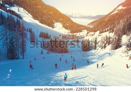 Skiing area in West Alps in the morning light. Beautiful winter landscape - nature and sport toning picture 