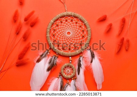 Dream catcher with flowers on red background, closeup