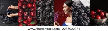 Collage of beautiful woman with hyacinth flower, juicy plums and blackberries