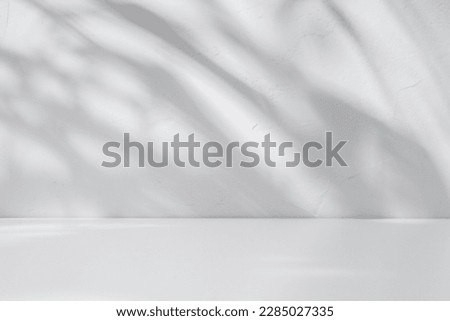 Mock up for presentation, branding products, cosmetics, food or jewellery. Empty table on white wall background. Composition with leaves shadow on the wall and white desk.