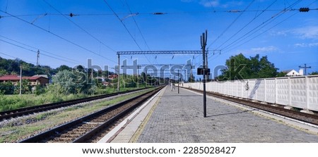 Railroad view in the countryside in Karolino-Bugaz. Railroad station. Ukraine. Europe