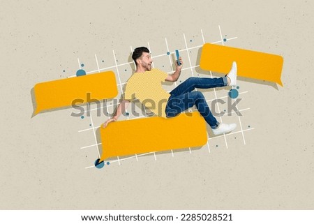 Creative photo magazine collage of excited crazy guy chatting writing message virtual communication isolated on drawing background
