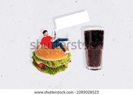 Creative photo collage of carefree impressed guy sit on burger look at smartphone order home delivery isolated on drawing background