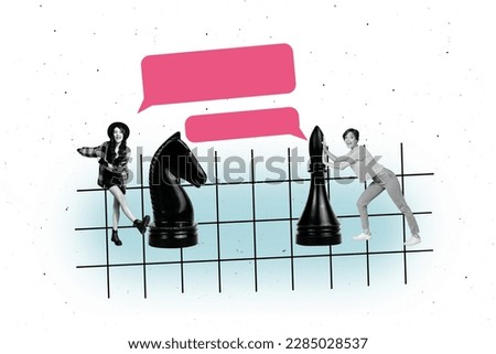 Creative composite design collage photo of two friends competition playing chess speaking conversation choosing strategy isolated on white background