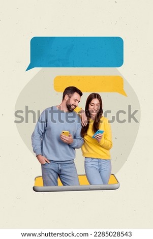 Creative collage of young family couple lovers hold smartphones ukrainian relationship stop war support communications isolated on drawn background