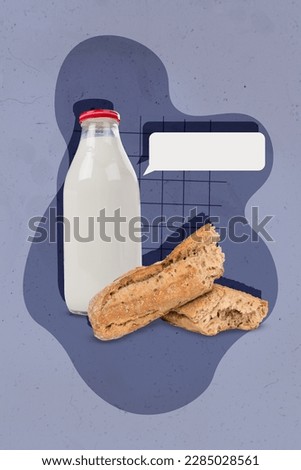 Vertical collage picture of glass bottle fresh milk baked baguette bread empty space dialogue bubble isolated on painted background