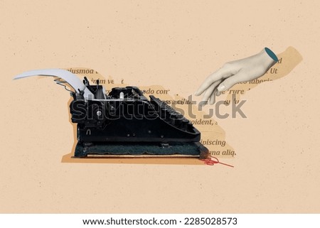 Composite retro concept collage advertisement of nostalgia hand touch vintage mechanical keyboard author typewriter isolated on beige background Royalty-Free Stock Photo #2285028573