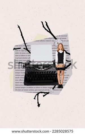 Creative picture collage of young schoolgirl wear uniform hold much books author writing her first literature poetry isolated on beige background