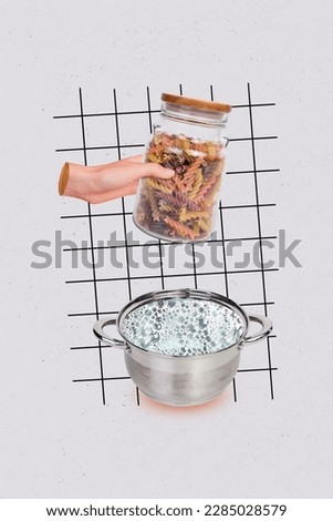 Creative collage advertisement culinary show hand hold tasty italian glass jar pasta macaroni boiled water pot isolated on plaid grey background