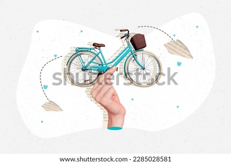 Photo of old vintage funny bicycle ecological transport conceptual collage delivery worldwide messages letters isolated on gray color background