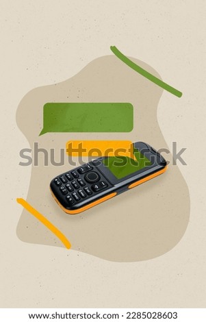 Vertical collage picture of retro mobile phone empty space dialogue message bubble isolated on painted background