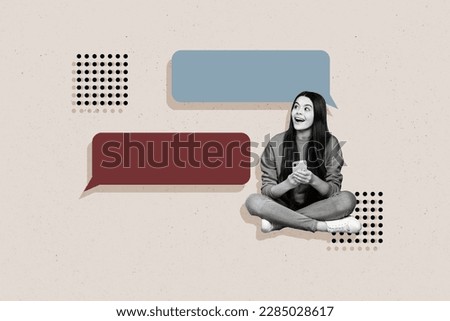 Artwork collage image of cheerful astonished black white gamma girl use smart phone empty space dialogue bubble isolated on painted background Royalty-Free Stock Photo #2285028617
