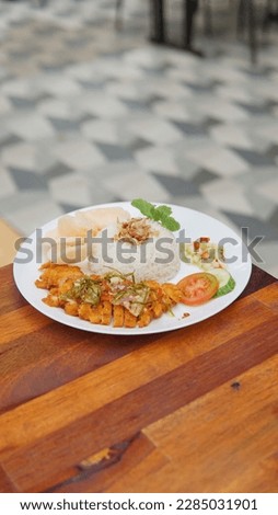 Potrait asian chicken rice with chicken katsu food on the wooden table in the restaurant, stock photo