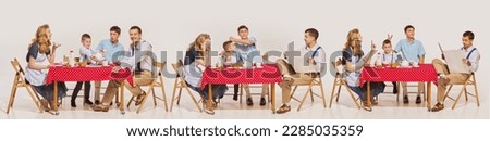 Having breakfast. Collage with friendly happy family, parents and kids wearing old clothes sitting around table. Holidays, weekend, traditions, retro style, fashion, elegance, 60s, 70s, family concept Royalty-Free Stock Photo #2285035359