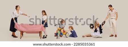 Time with loved ones. Collage with joyful people adults and children doing different activities together. Holidays, traditions, retro style, fashion, elegance, 60s, 70s, family, vintage, ad concept Royalty-Free Stock Photo #2285035361
