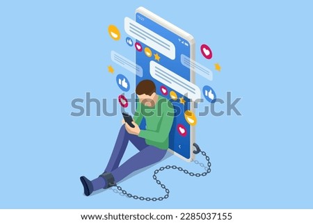 Isometric Social Media Addiction, Influence, Popularity, Modern Lifestyle, and Ad Concept. Men with smartphone devices. A depressed and sad man chained and shackled to a big mobile smartphone. Royalty-Free Stock Photo #2285037155