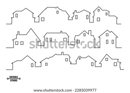 Neighborhood houses outline panoramic landscape. Continuous one line buildings drawing silhouette. Minimalistic vector illustration