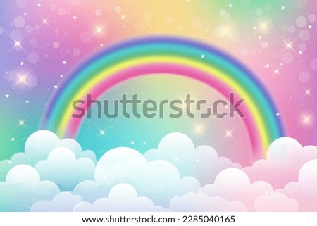 Fantasy unicorn background with clouds on rainbow sky. Magical landscape, abstract fabulous wallpaper with stars and sparkles. Arched realistic spectrum. Vector Royalty-Free Stock Photo #2285040165