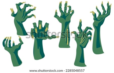 A set of zombie hands on a white background. An isolated collection of rotten blue hands with damage. Hands from the graves. Printing for Halloween party cards, T-shirts, stickers, mugs. Individual Royalty-Free Stock Photo #2285048557