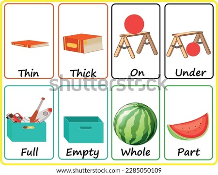 Set opposite cards words, Thin-thick, On-under, Full-empty, whole-part, colorful flashcards for kids