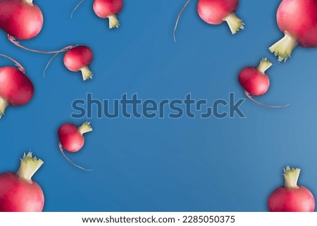Pattern made of falling red radish on blue pastel background with copy space. Flat lay. Food concept minimal style.