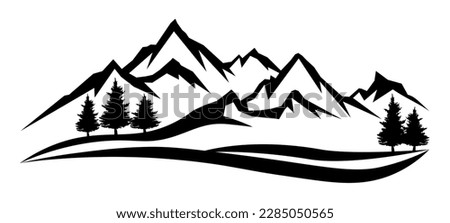 Black silhouette of mountains peak and forest fir trees, camping adventure outdoor landscape panorama illustration icon vector for logo, isolated on white background	
 Royalty-Free Stock Photo #2285050565